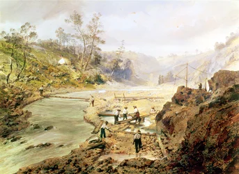 カリフォルニア州カラヴェレス川から金を洗う「フォーティニナーズ」、1858年
